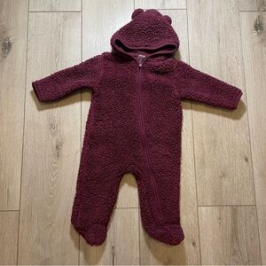 Hudson Baby Burgundy Faux Shearling Bunting 6-9 Months Hooded Bear Ear Cozy Warm